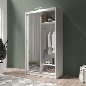 Berlin 120cm white sliding wardrobe with mirrored doors, ideal for bright and stylish interiors.