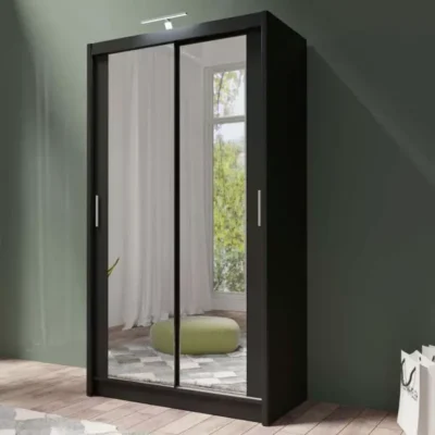 Berlin 120cm black sliding wardrobe with full-length mirrors in a modern bedroom