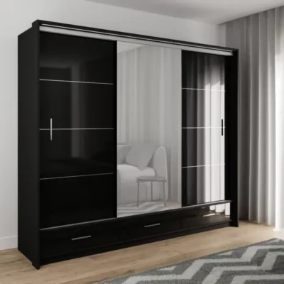 MARSYLIA 255cm black gloss sliding door wardrobe with full-length mirror and LED lighting.