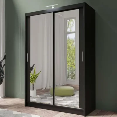 Berlin 150cm black sliding wardrobe with full-length mirrors in a modern bedroom.