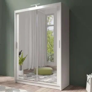 Berlin 150cm white sliding wardrobe with mirrored doors, ideal for bright and stylish interiors.