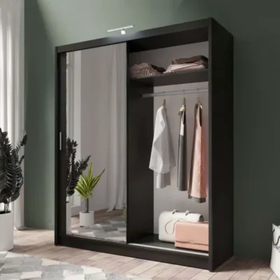 Berlin 180cm black sliding wardrobe with full-length mirrored doors in a modern bedroom