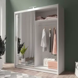 Berlin 180cm white sliding wardrobe with mirrored doors, perfect for bright, stylish interiors.