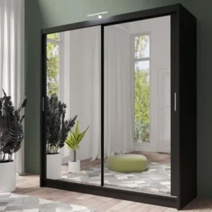 Berlin 203cm black sliding wardrobe with full-length mirrored doors in a modern bedroom