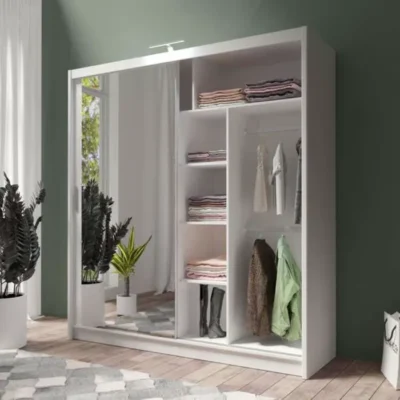 Berlin 203cm white sliding wardrobe with mirrored doors, perfect for bright, stylish interiors