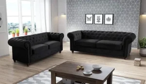Classic black Chesterfield 3+2 seater sofa in plush velvet, offering a stylish tufted design, reliable wooden legs, and premium comfort