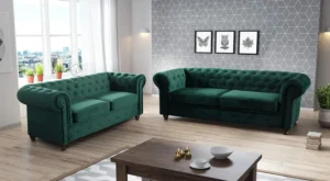 Luxury green Chesterfield 3+2 seater sofa with plush velvet fabric, deep button tufting, and thick fibre-filled seating for a timeless look