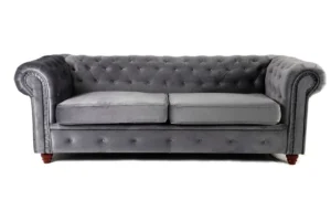 Grey Chesterfield 3-seater sofa with plush velvet upholstery, deep tufting, and foam and spring seating for long-lasting support