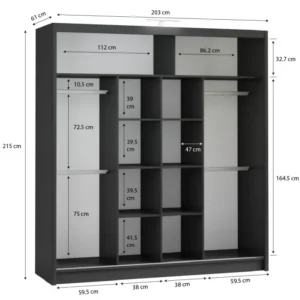 Berlin 203cm black sliding wardrobe with full-length mirrored doors in a modern bedroom