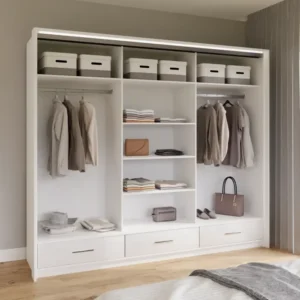 Interior view of the MARSYLIA 255cm wardrobe showcasing 7 shelves, 2 hanging rails, and 3 drawers