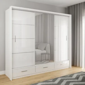 MARSYLIA 255cm white gloss sliding door wardrobe with full-length mirror and LED lighting.