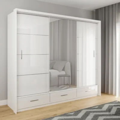 MARSYLIA 255cm white gloss sliding door wardrobe with full-length mirror and LED lighting.