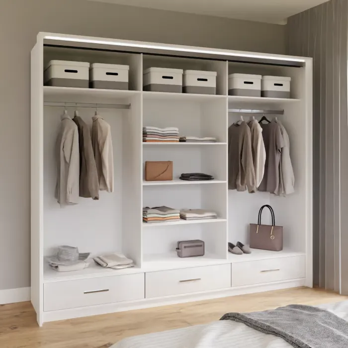 Interior view of the MARSYLIA 255cm wardrobe showcasing 7 shelves, 2 hanging rails, and 3 drawers