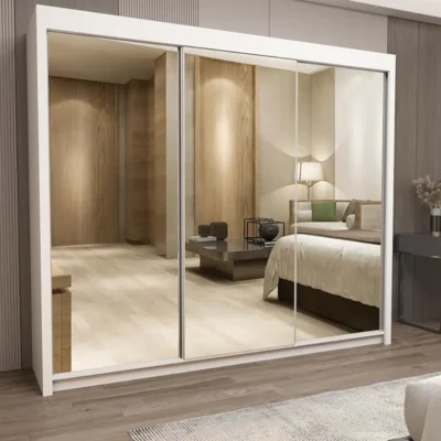 Milan 250cm mirrored sliding wardrobe with 3 doors in a stylish bedroom setting