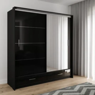 MARSYLIA 208cm black sliding door wardrobe with mirror in a stylish modern bedroom.