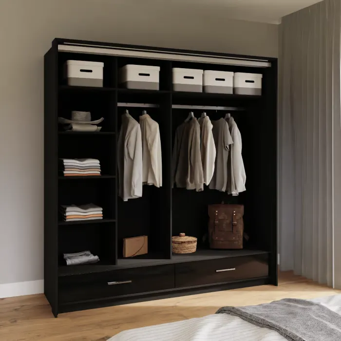 Interior of MARSYLIA 208cm wardrobe with 7 shelves, 2 hanging rails, and 2 drawers in black finish