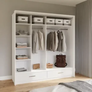 Interior of MARSYLIA 208cm wardrobe with 7 shelves, 2 hanging rails, and 2 drawers.