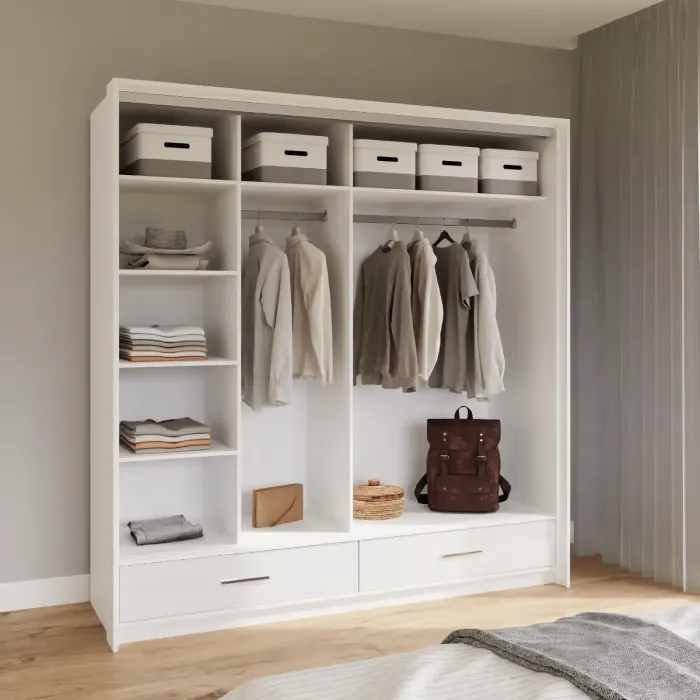 Interior of MARSYLIA 208cm wardrobe with 7 shelves, 2 hanging rails, and 2 drawers.