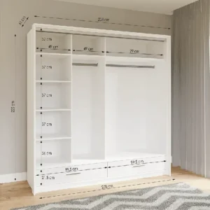 Interior of MARSYLIA 208cm wardrobe with 7 shelves, 2 hanging rails, and 2 drawers.