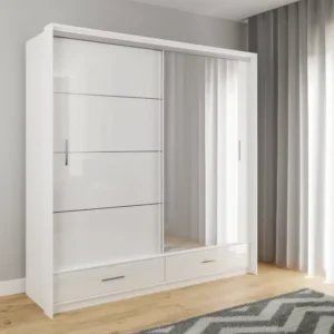 MARSYLIA 208cm white sliding door wardrobe with mirror in a modern bedroom setting