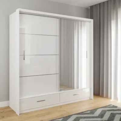 MARSYLIA 208cm white sliding door wardrobe with mirror in a modern bedroom setting