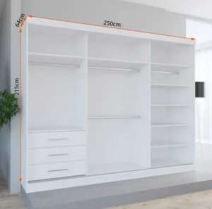 Interior of Milan 250cm wardrobe featuring 6 shelves, 2 hanging rails, and 3 drawers for maximum organization
