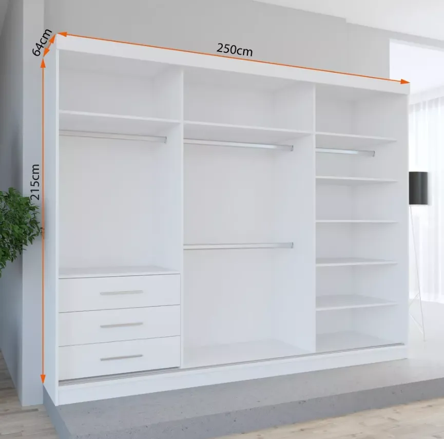 Interior of Milan 250cm wardrobe featuring 6 shelves, 2 hanging rails, and 3 drawers for maximum organization