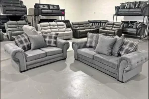 Verona 3+2 seater sofa in grey soft chenille fabric, providing soft, durable seating with a modern look.