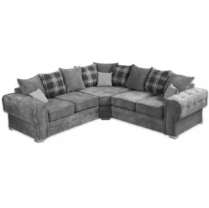 Verona corner seater sofa in grey soft chenille fabric, providing soft, durable seating with a modern look.