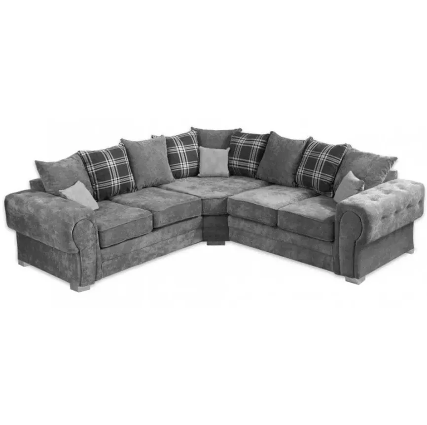 Verona corner seater sofa in grey soft chenille fabric, providing soft, durable seating with a modern look.