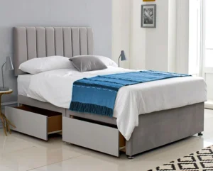Plush velvet divan bed with storage drawers, headboard, and mattress options – solid wood base, 3ft to 6ft UK sizes, affordable luxury bed