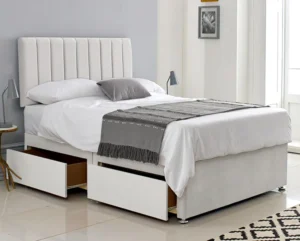 Plush velvet divan bed with storage drawers, headboard, and mattress options – solid wood base, 3ft to 6ft UK sizes, affordable luxury bed