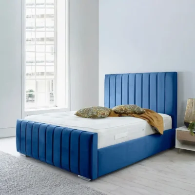 Blue velvet panel bed with ottoman storage and solid wooden slat base