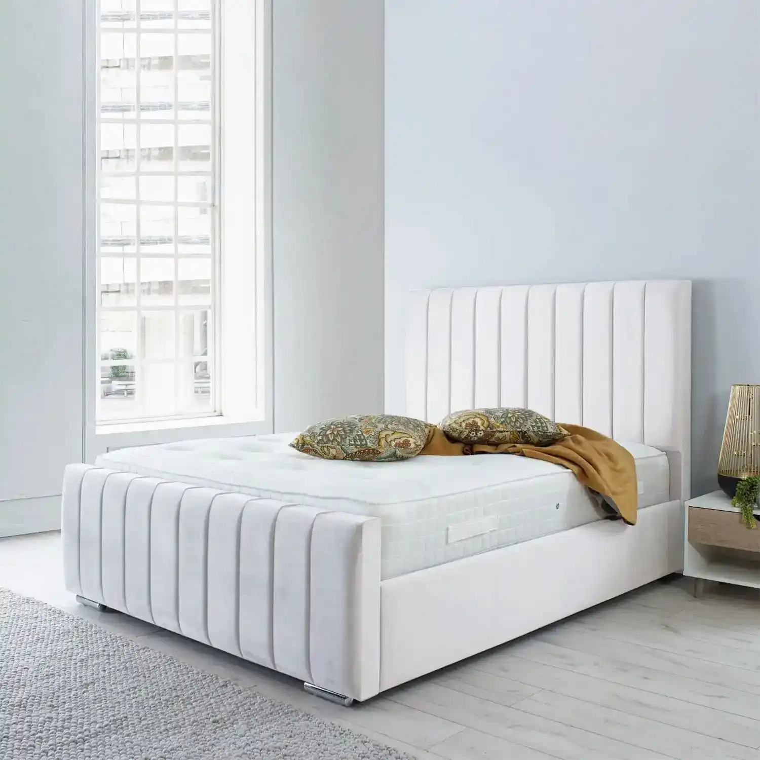 White panel bed in premium plush velvet – non-storage option displayed