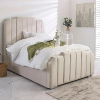 Art Deco upholstered bed in plush velvet with optional gas lift storage, available in Single, Small Double, Double, King, and Super King UK sizes. Cash on delivery available across the UK.