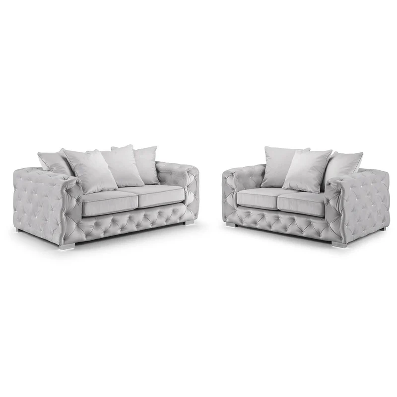 Ashton Silver Velvet 3+2 Seater Sofa with Tufted Back