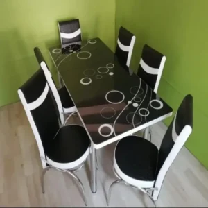 Modern extendable dining table with black velvet chairs and white stripe, UK Cash on Delivery