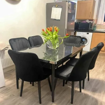 High gloss marble dining table set in black or silver with 4 or 6 plush velvet chairs, extendable table, wooden legs, United Kingdom cash on delivery