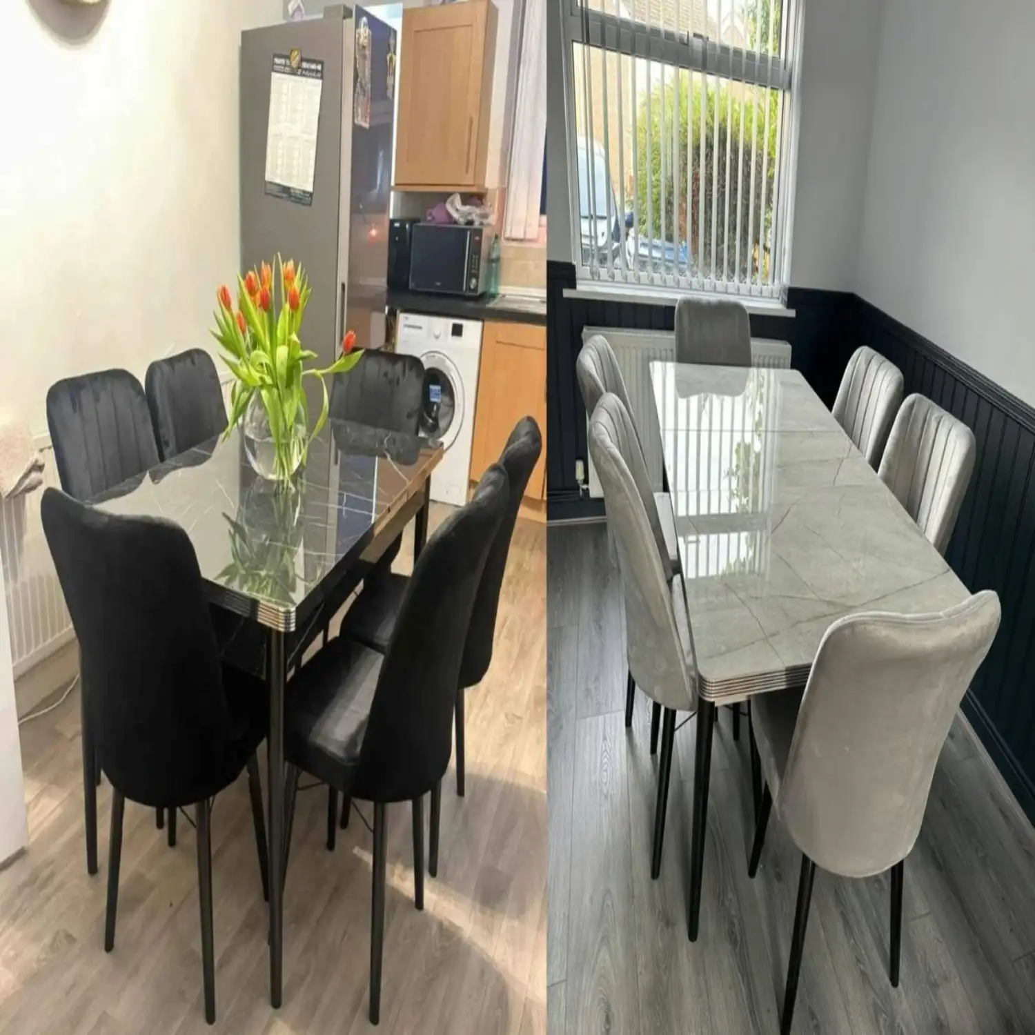 High gloss marble dining table set in black or silver with 4 or 6 plush velvet chairs, extendable table, wooden legs, London cash on delivery