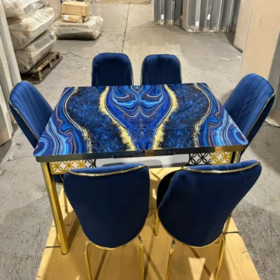 Blue and gold high gloss extendable dining table set with 4 or 6 royal blue velvet chairs, modern kitchen table for UK homes, cash on delivery available.