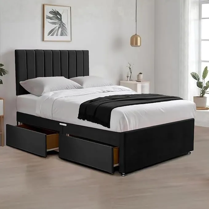 Plush velvet divan bed with storage drawers, headboard, and mattress options – solid wood base, 3ft to 6ft UK sizes, affordable luxury bed