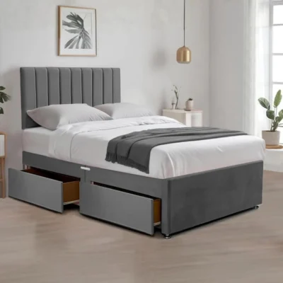Plush velvet divan bed with storage drawers, headboard, and mattress options – solid wood base, 3ft to 6ft UK sizes, affordable luxury bed