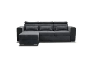Comfortable grey sofa bed with high backrest and storage