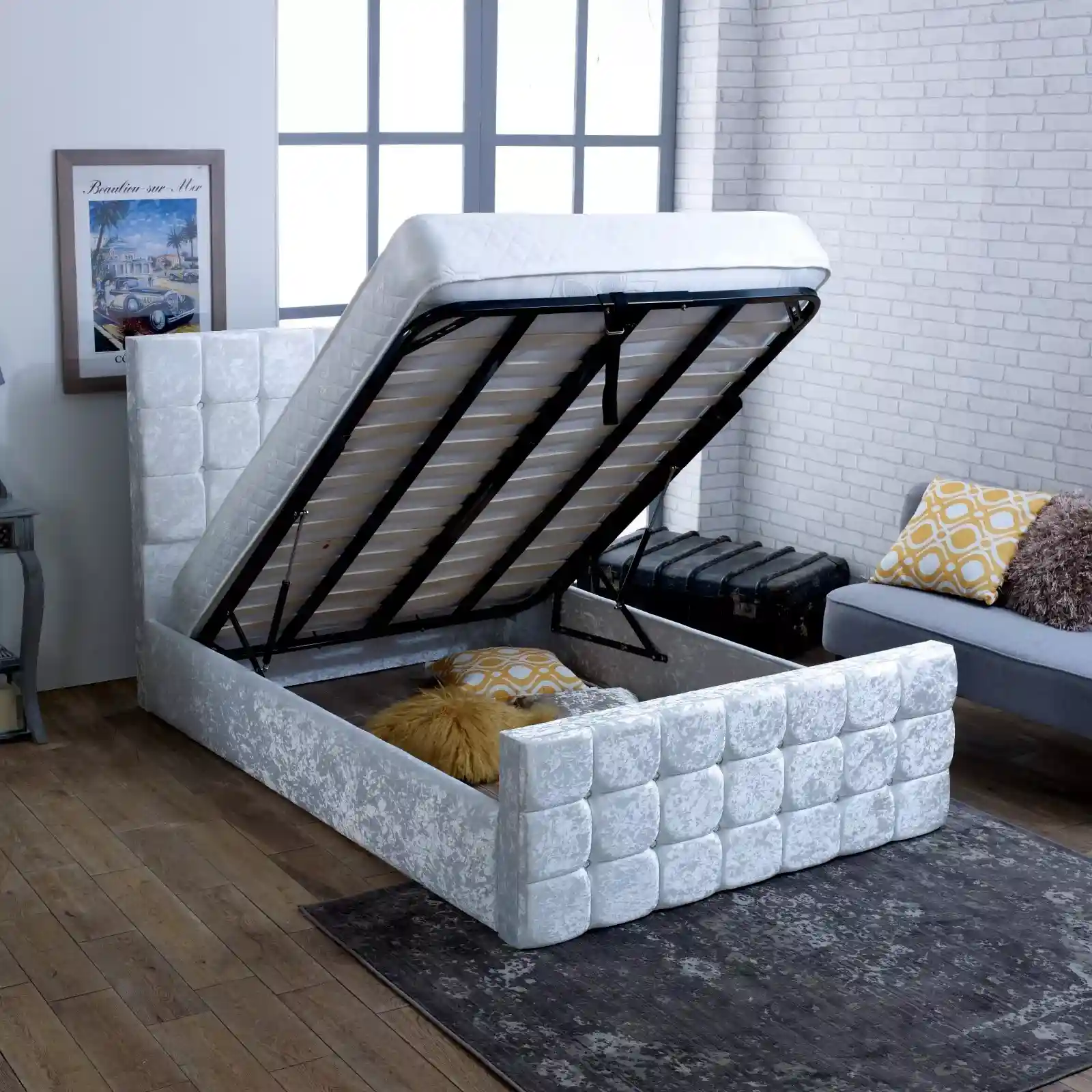 Elegant Crushed Velvet Ottoman Bed with Gas Lift Storage