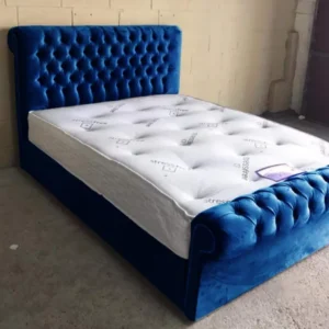 Modern sleigh bed with optional storage in grey silver, pink, blue, and black – available in the UK.