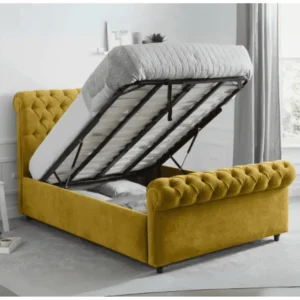 Modern sleigh bed with optional storage in grey silver, pink, blue, and black – available in the UK.