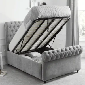Modern sleigh bed with optional storage in grey silver, pink, blue, and black – available in the UK.