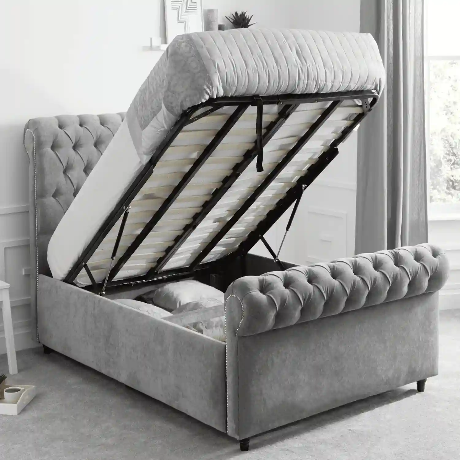 Modern sleigh bed with optional storage in grey silver, pink, blue, and black – available in the UK.